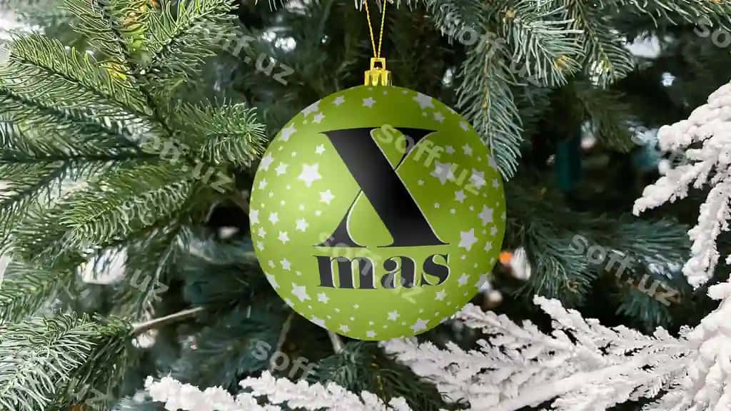 Yul shar bekat daraxt namunasi PSD shablon | Christmas ball ornament tree mockup psd template