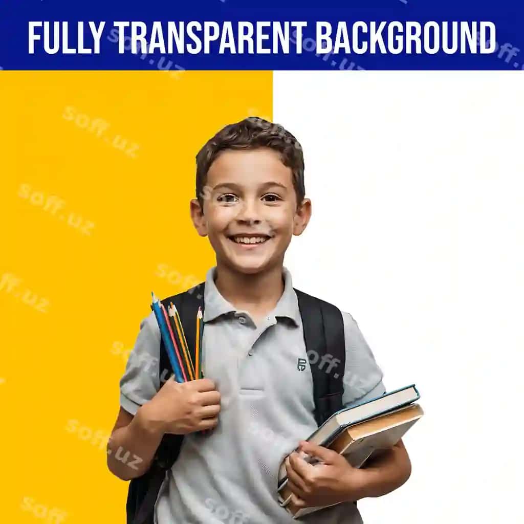 Kitoblar qalam tayyor maktab bilan baxtli boshlang'ich o'quvchisi | Happy elementary student with books pencils ready school