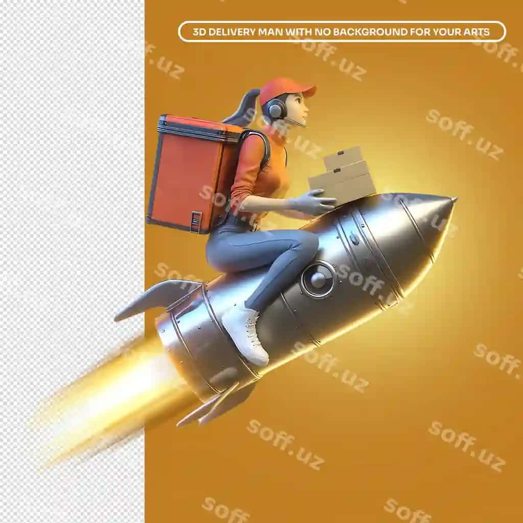3D raketa yetkazib beruvchi ayol | Woman delivery person top rocket 3d