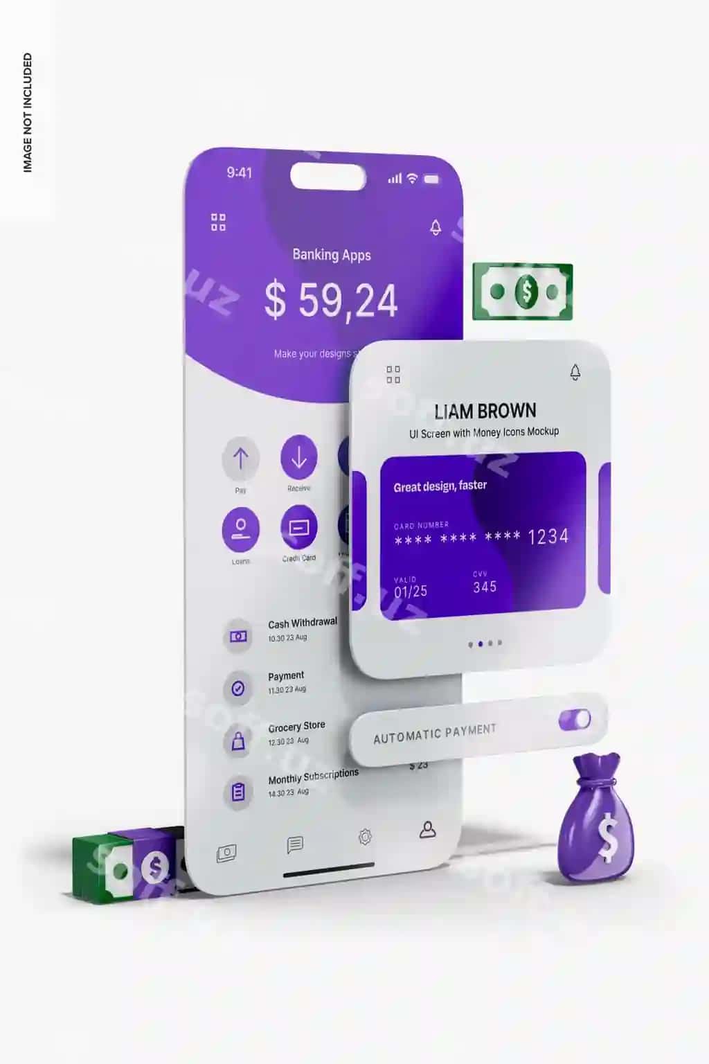 Foydalanuvchi interfeysi ekrani pul ikonkalari bilan mockup chap tomondagi ko'rinish | Ui screen with money icons mockup left view