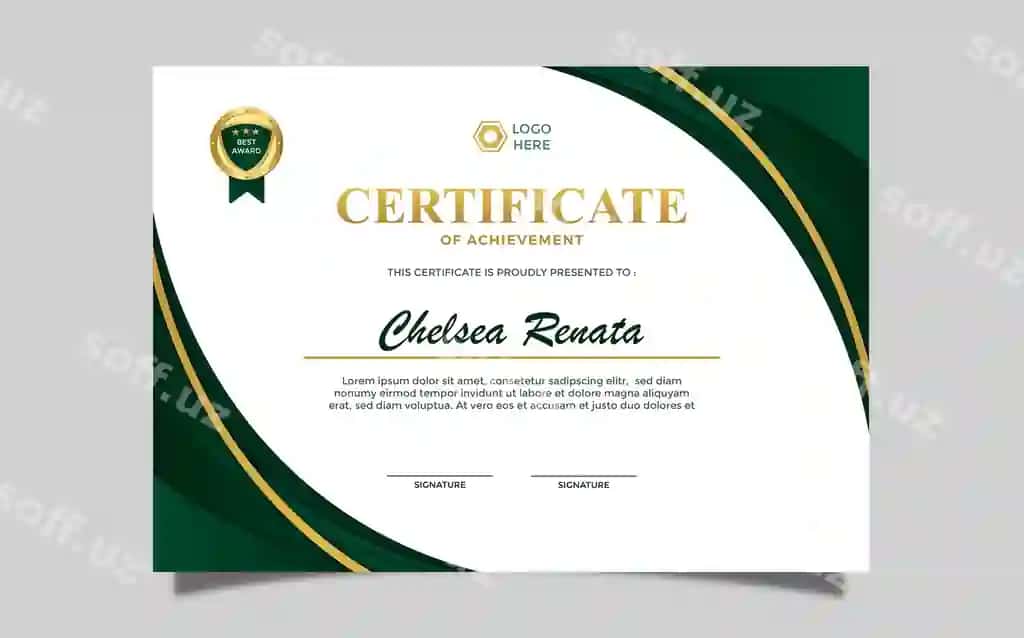 Zamonaviy oddiy sertifikat dizayni a4 hashamatli sertifikat yashil oltin | Modern simple certificate design a4 luxury certificate green gold