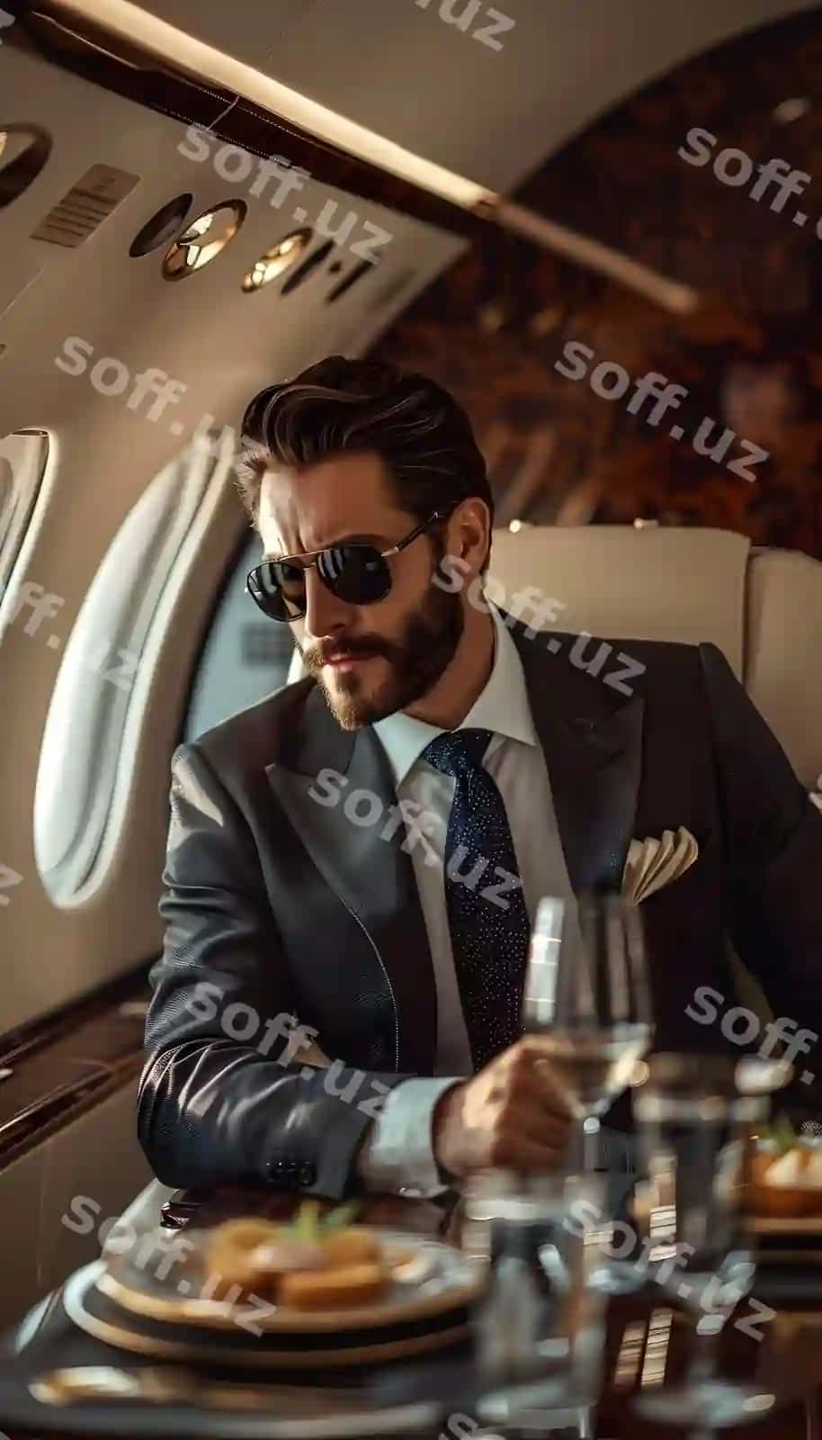 Erkak tantanali kiyimda quyoshdan saqlaydigan ko'zoynak taqqan shaxsiy samolyot stolida o'tiradi | Man formal wear sits private jet table wearing tie sunglasses