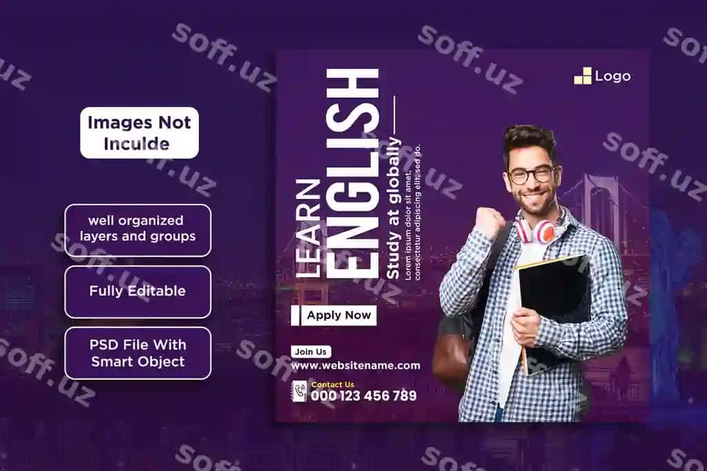 Kitob tutgan odam bilan ingliz tilidagi plakat | Poster english with man holding book