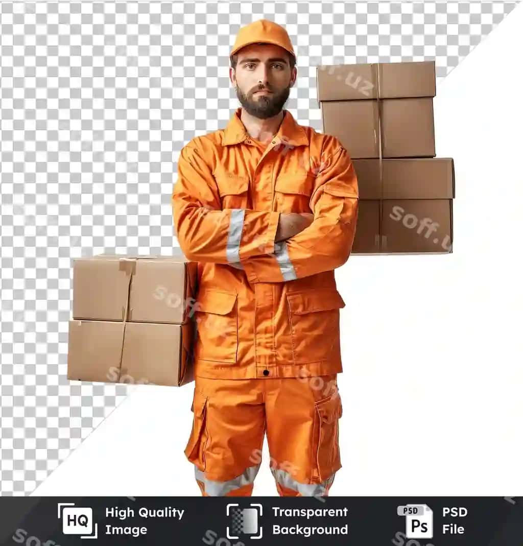 Shaffof yetkazib beruvchi bilan Psd apelsin ushlab quti qora kulrang | Psd with transparent delivery man orange holding box black gray