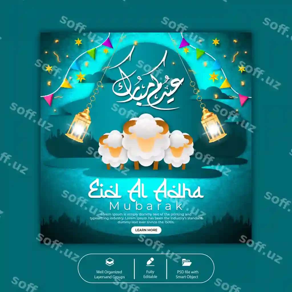 Psd Qurbon hayiti muborak Islomiy bayram ijtimoiy tarmoqlar uchun banner shabloni | Psd eid al adha mubarak islamic festival social media banner template