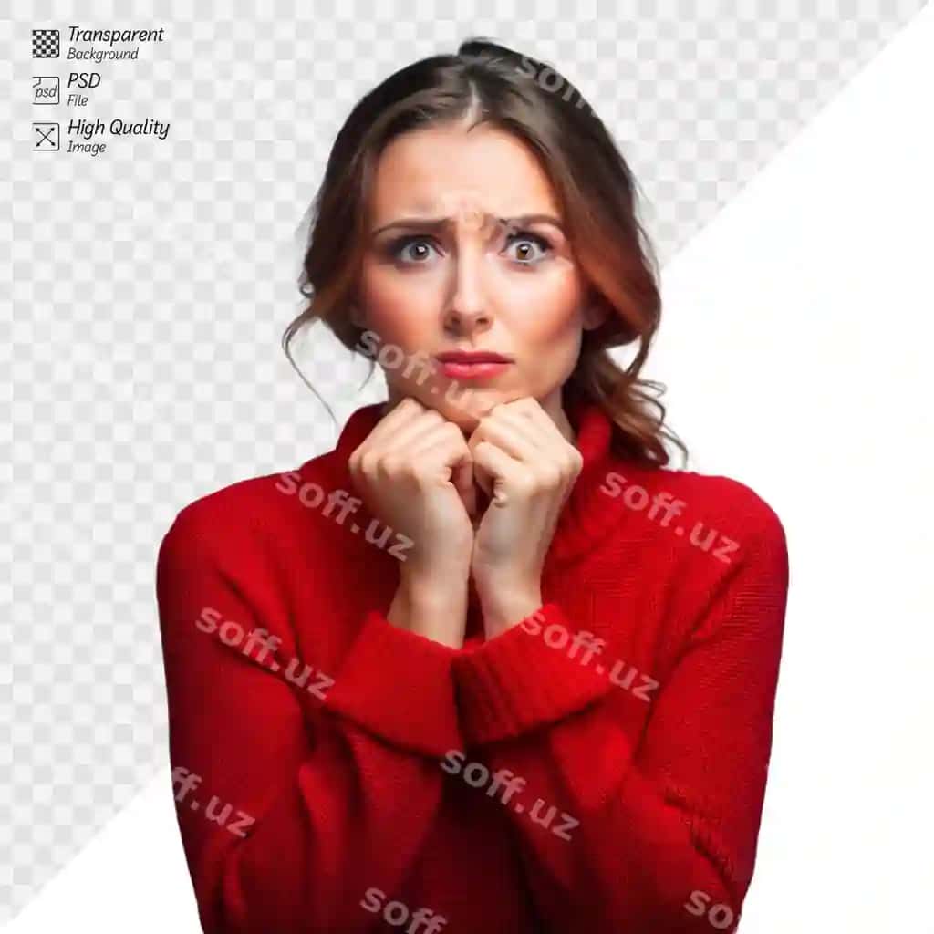 Qayg'ili ayol qizil sviter shaffof orqa fonda | Worried woman red sweater transparent background