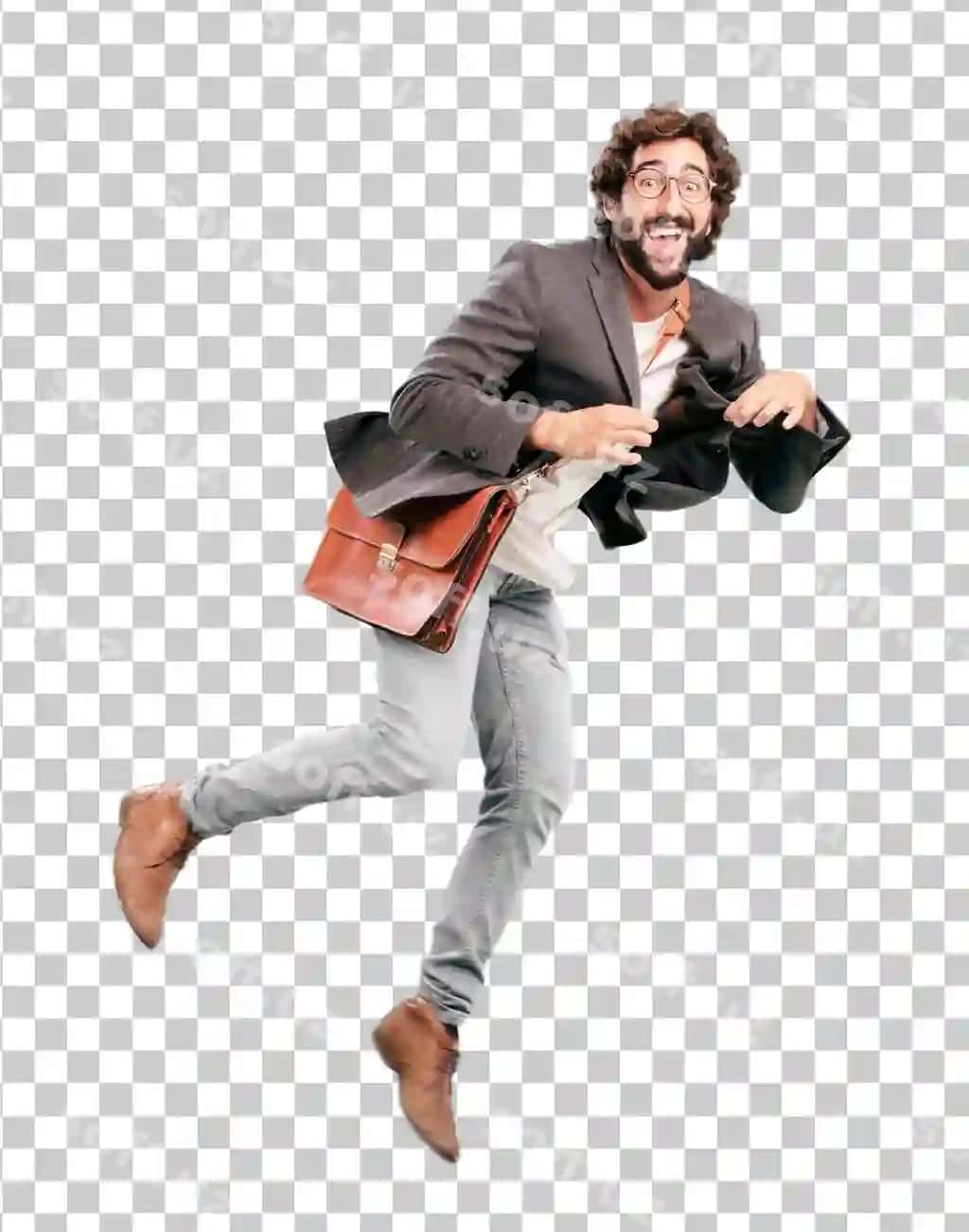 Blazer kiygan yosh soqolli biznesmen muvaffaqiyatga erishmoqda va g'alaba qozonmoqda | Young bearded businessman wearing blazer jumping success victory