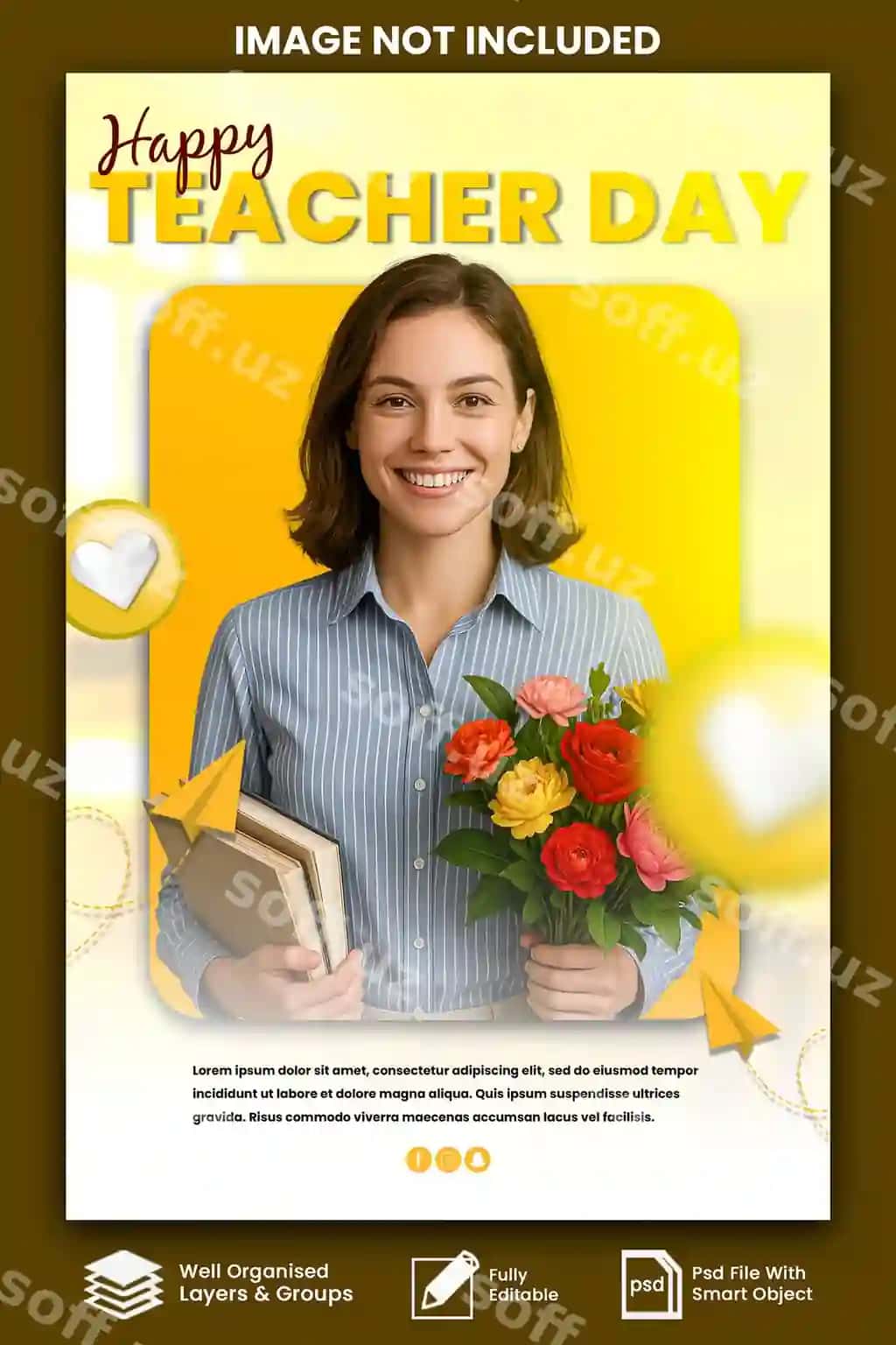 Tabassumli o'qituvchi gullari bilan o'qituvchilar kuni muborak plakat | Happy teachers day poster with smiling teacher flowers