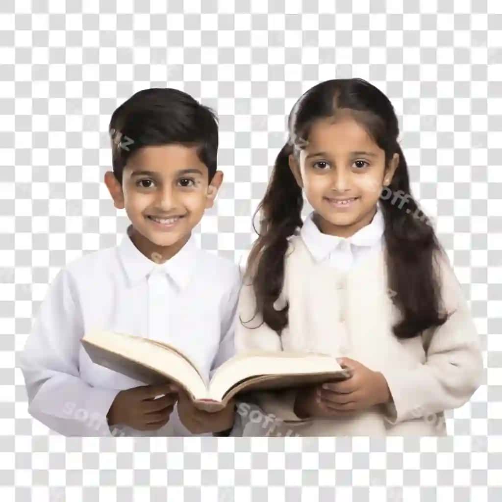 Shaffof fonda kitob o'qiyotgan hind bolalarining jilmayib turgan PNG surati | Png smiling indian children reading book transparent background