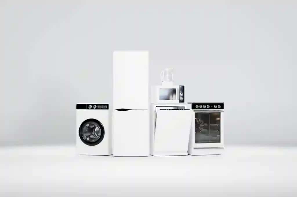 Uy jihozlari to'plami maishiy oshxona jihozlari izolyatsiyalangan kulrang muzlatgich elektr pechka idishlarni yuvish mashinasi kir yuvish mashinasi 3d rasm | Appliances set household kitchen appliances isolated grey refrigerator electric stove dishwasher washing machine 3d illustration