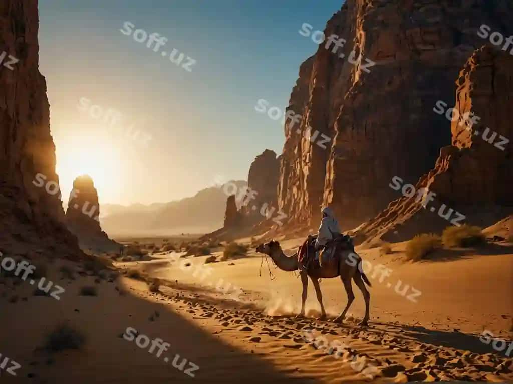 Cho'lon karavon peshonalari yorqin quyosh botishi | Desert journey caravan camels radiant sunset