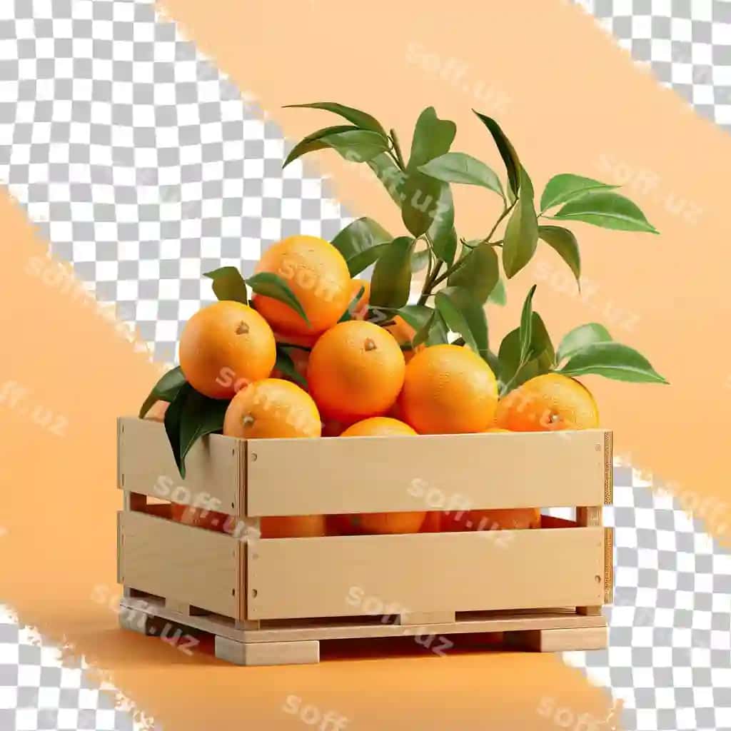 Mandarin tangerin paketlangan yog'ochli quti shaffof orqa fonda | Mandarin tangerine packaged wooden crate transparent background