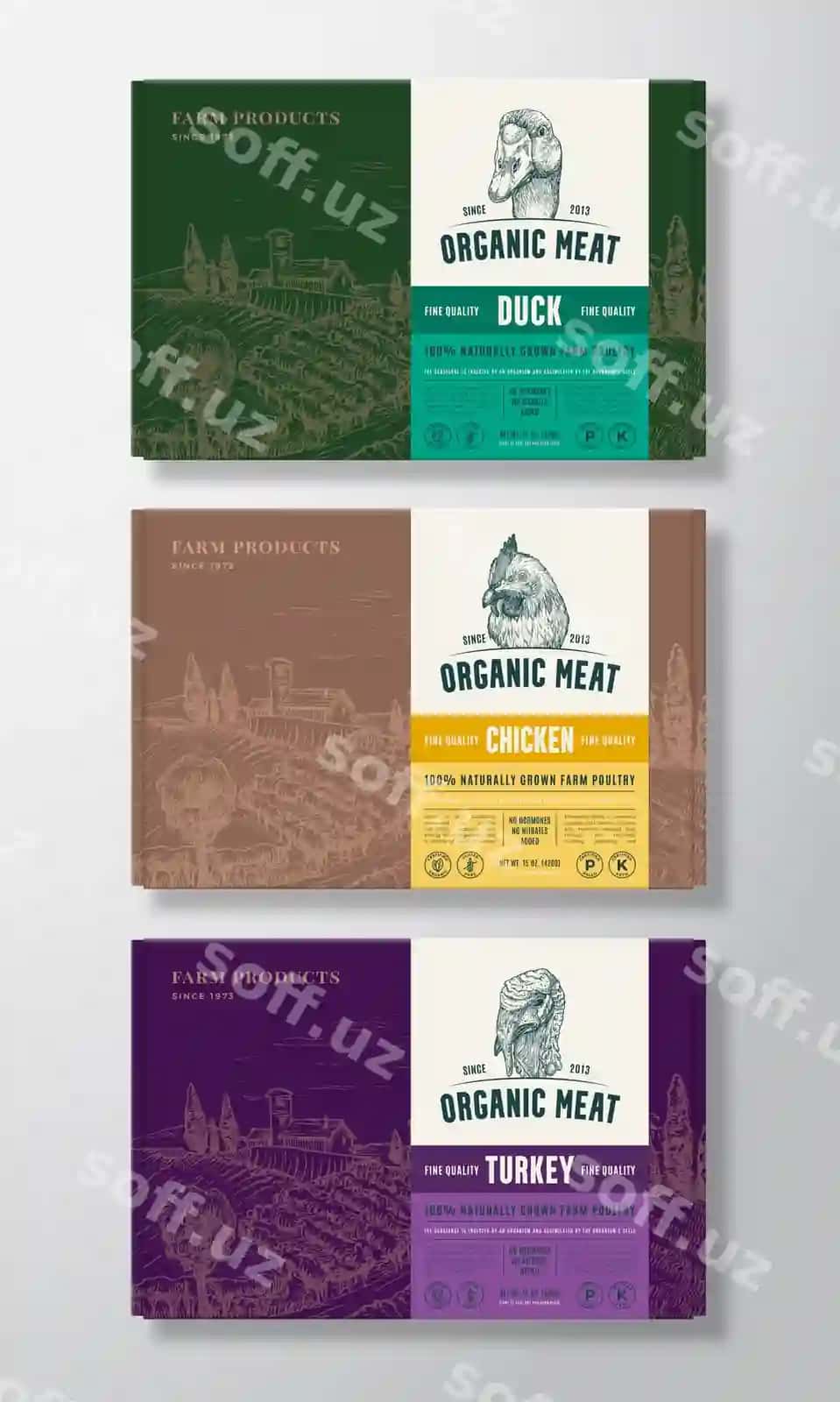 Premium sifat ovqat qutichasi namunalari vektor tovuq mahsulotlari packeta etiketkasi | Premium quality food box mockups vector poultry packaging label