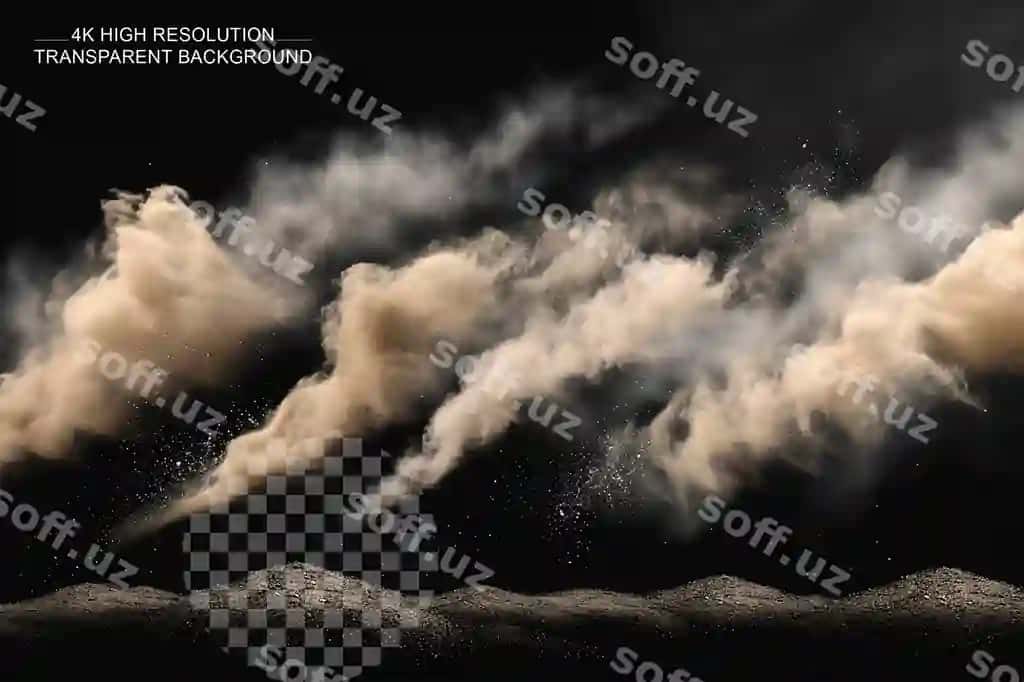 Paxma, shamollar bulutlari, toshlar bilan to'plangan, paxma zarrachalari havoinga urilgani, shaffof. | Dust sand clouds set with stones flying dusty particles transparent 2