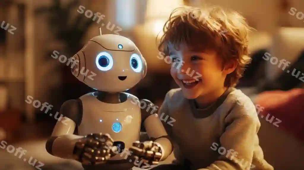 Child39sning do'stona robot bilan o'ynoqi muloqoti | Child39s playful interaction with friendly robot
