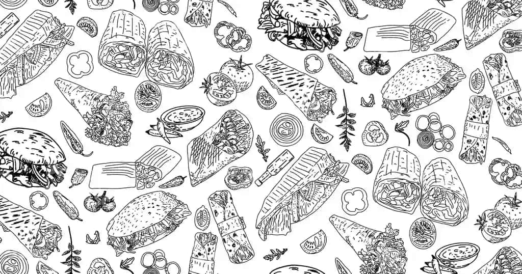 Shawarma kabob naqshlari tez tayyorlanadigan taomlar uchun choksiz naqshlar | Shawarma kebab pattern fast food seamless pattern