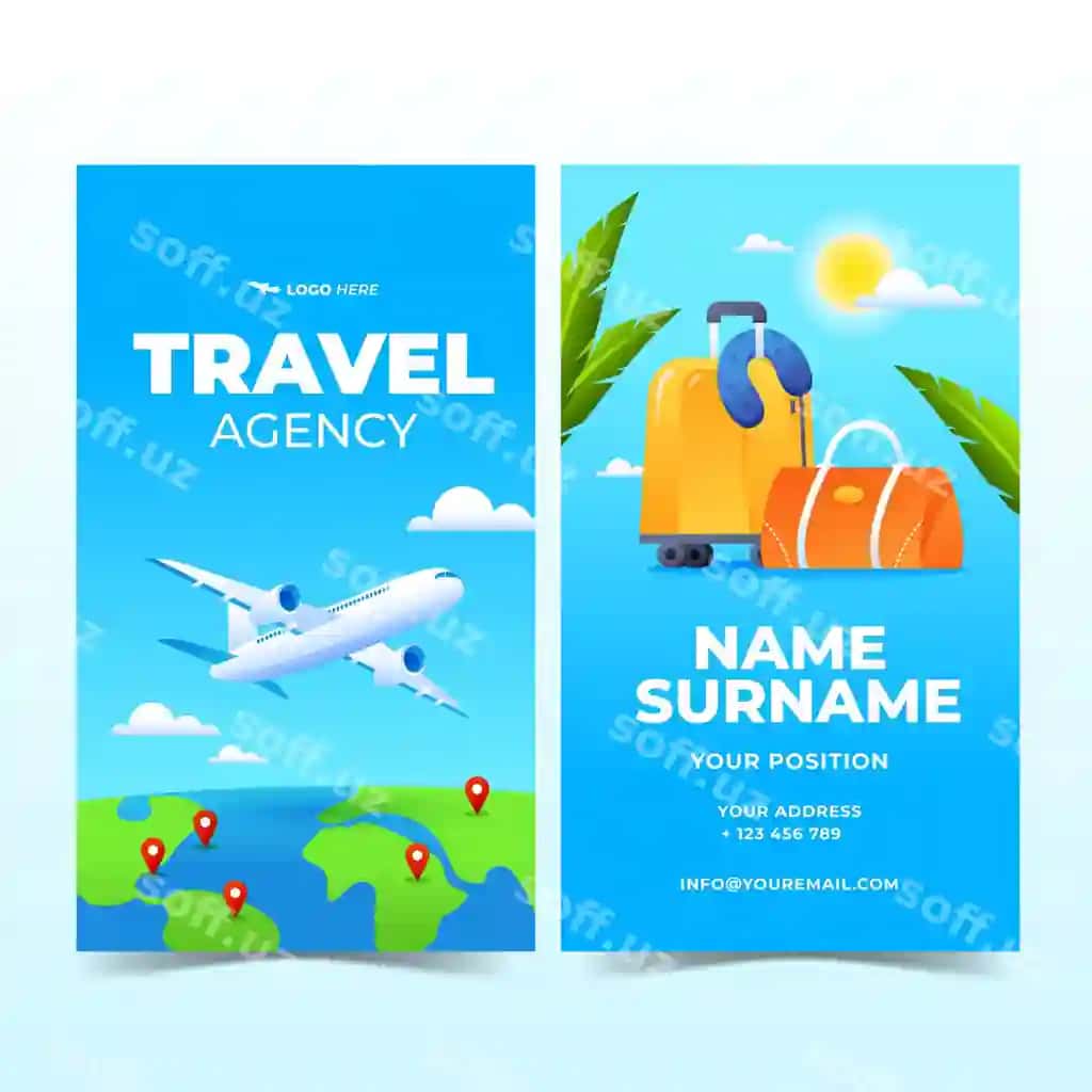 Gradientli vertikal biznes karta shabloni sayohat agentligi | Gradient vertical business card template travel agency