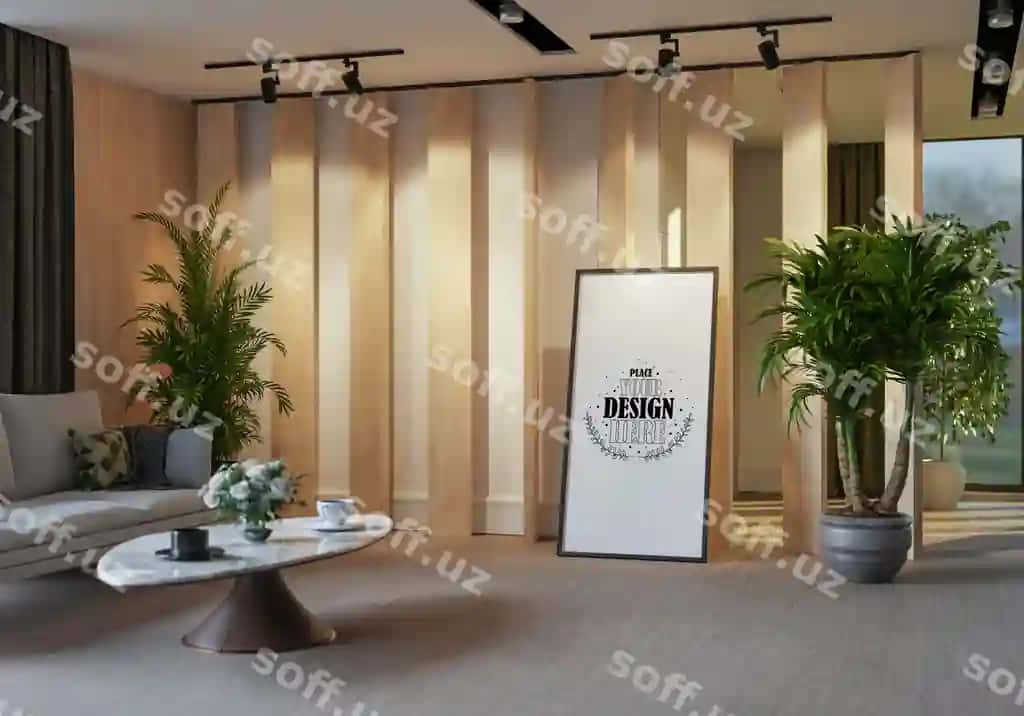 Poster ramkasi mehmonxona PSD mockup | Poster frame living room psd mockup