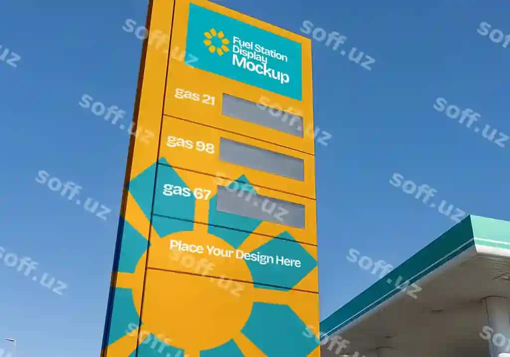 Yoqilg'i quyish shoxobchasi ko'rgazmasining maketi benzin narxlari bilan | Fuel station display mockup with gas prices