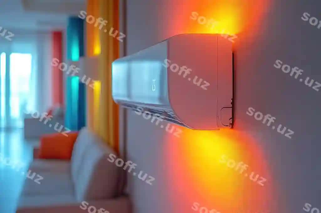 Yorqin yoritilgan xona zamonaviy devor ustiga qoʻyilgan konditsionerni namoyish etuvchi samarali ichki klimat boshqaruvi | Brightly lit room showcasing modern wall mounted air conditioner efficient indoor climate cont