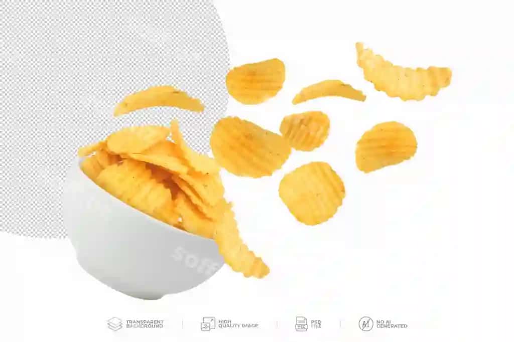 Oq qovur tushayotgan kartoshkali choy shaffof orqa fonda psd | White bowl falling potatoes chips transparent background psd