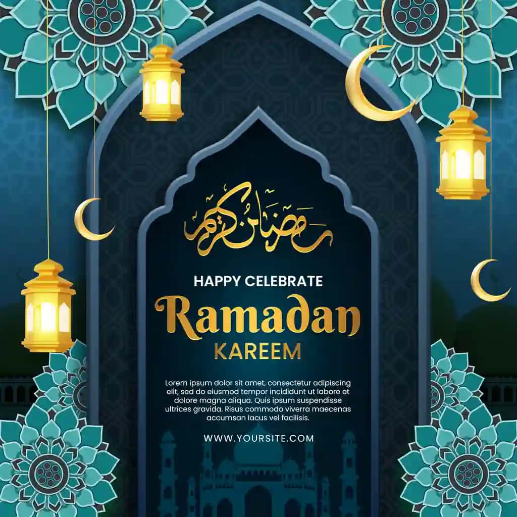 Moviy fonda oltin chiroqlar bilan Ramazon plakati | Poster ramadan with blue background gold lights
