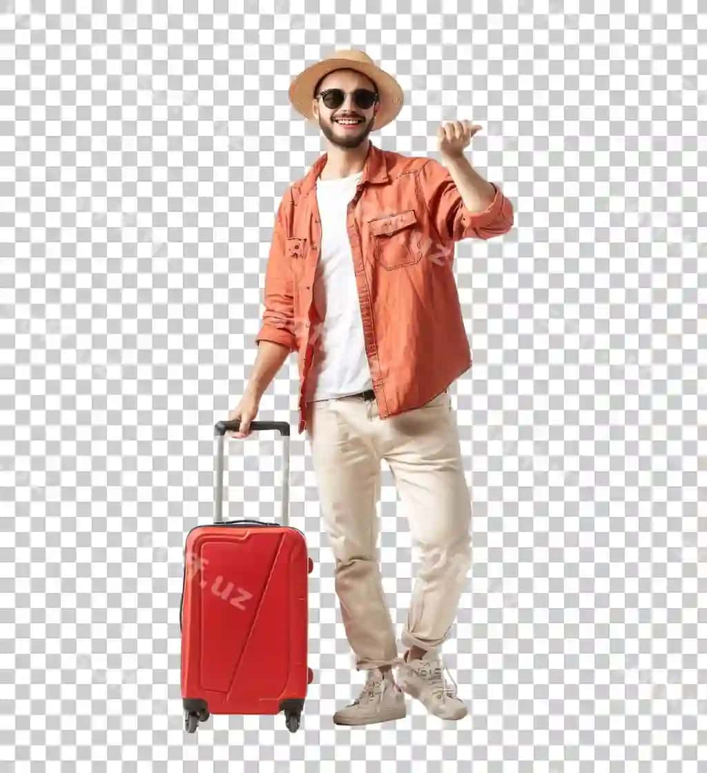 Hursand sayohatchi shapkali qizil chemodan shaffof fonda ajraltirilgan | Excited traveler with hat red suitcase isolated transparent background