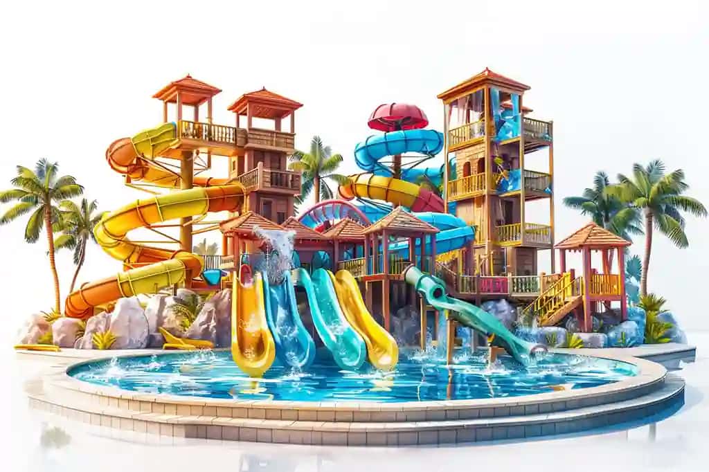 Rangli suv slaydlari aqua akvaparki oq fon | Colorful water slide aqua water park white background