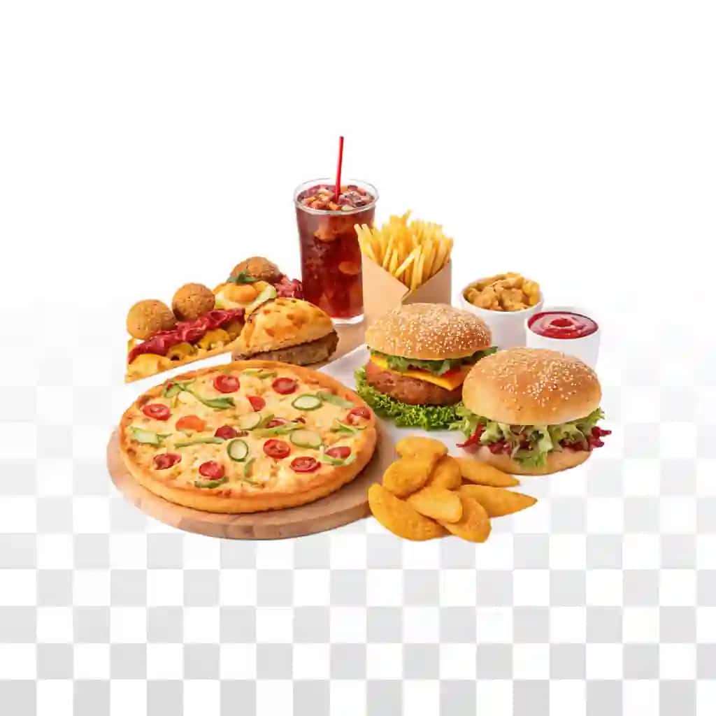 Fast tamaddi qilishga pitsa gamburgerli kartoshkali ichimlik | Fast food meal pizza burgers fries drink