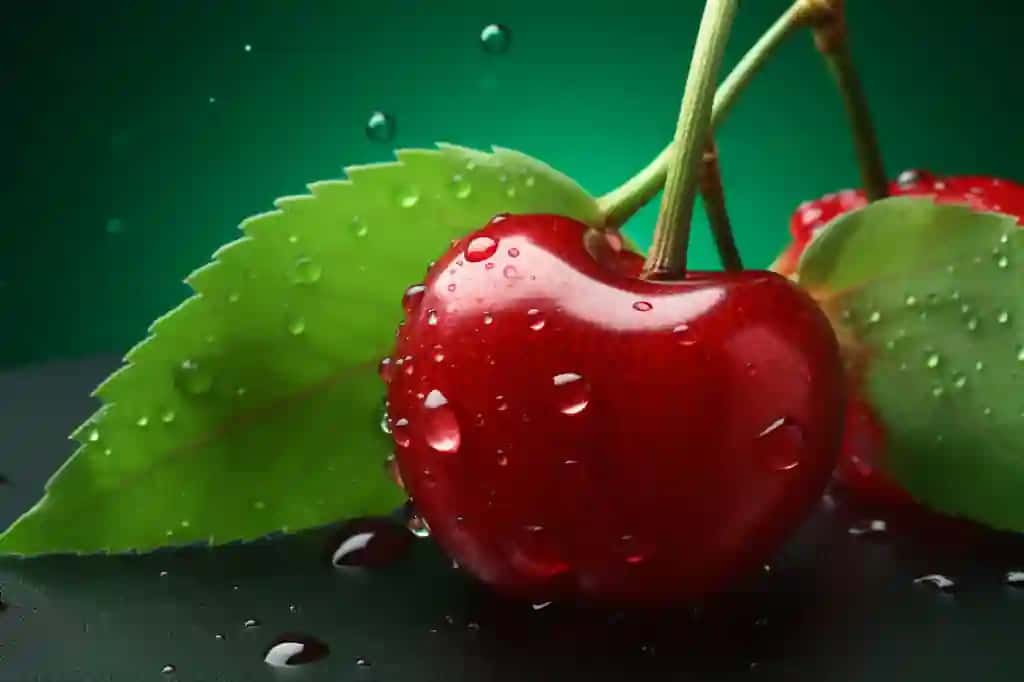 Yashil bargli qizil gilos, qizil ko'k fon, 3D illyustratsiya | Red cherry with green leaf red blue background 3d illustration