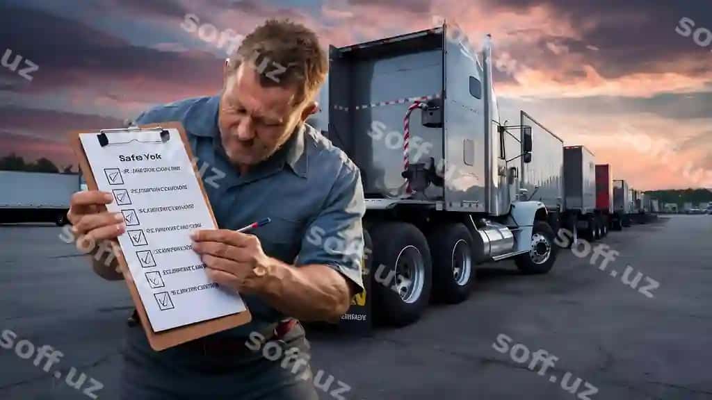 Yuk mashinasi haydovchisi buferni ushlab turib, nazorat varag'ini tekshirmoqda | Truck driver holding clipboard checking checklist safety truck