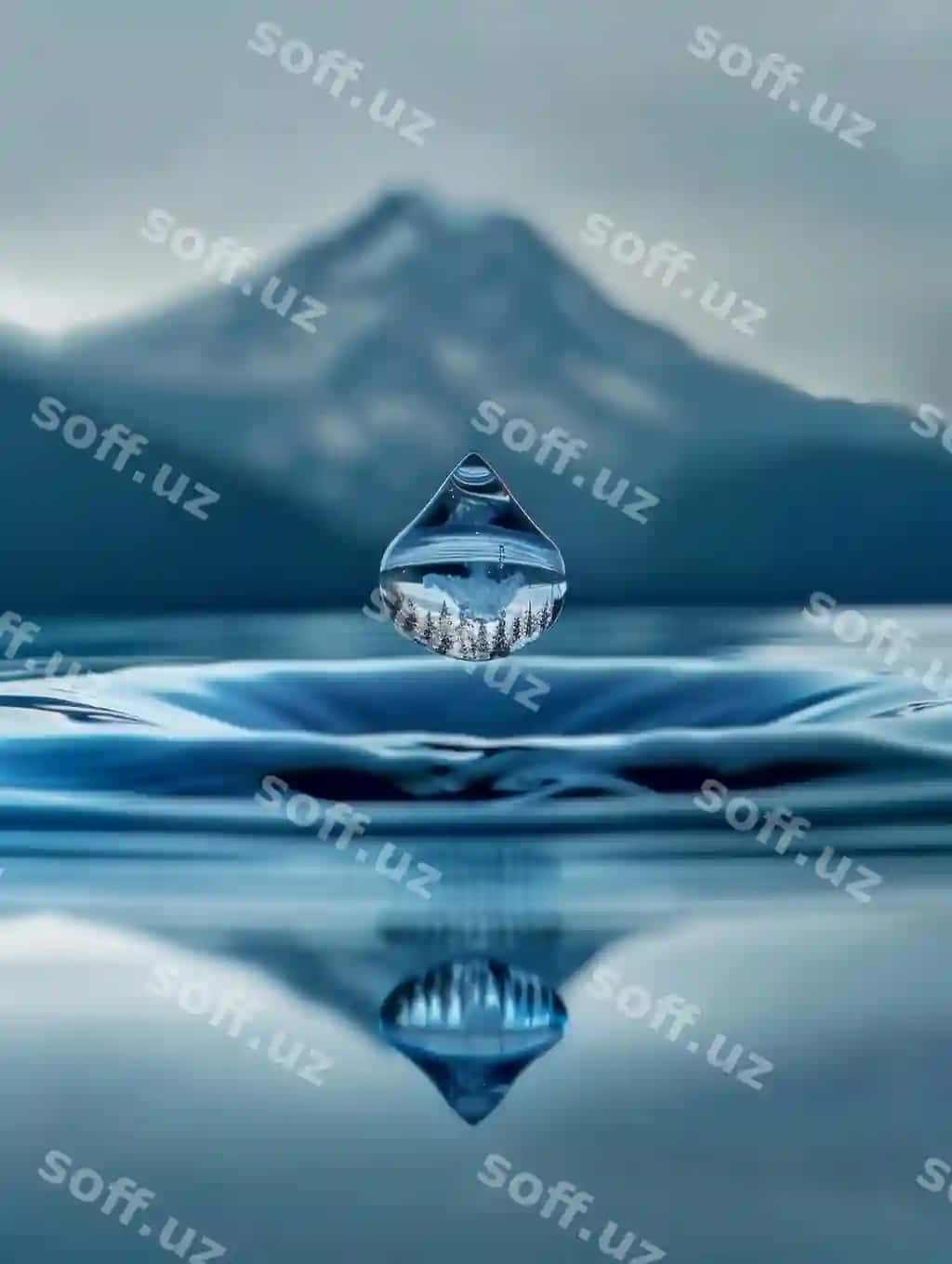Bitta suv damchi uzoq tog'ni to'g'ri aks ettiradi. | Single water droplet perfectly captures reflection distant mountain