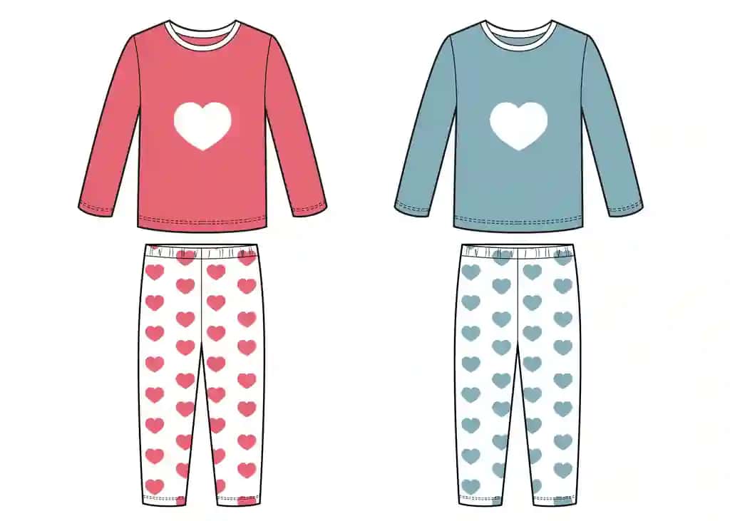 Qizlar o'g'il bolalar pijamalari yuraklari naqshli texnik eskiz | Girls boys pajamas with hearts pattern technical sketch