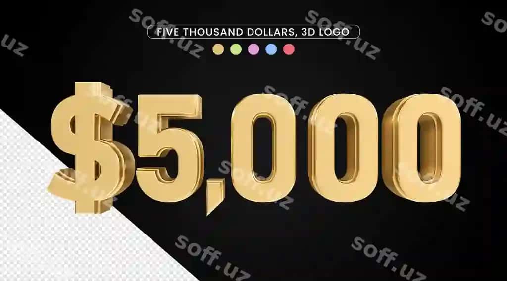 Besh ming dollar o'tkir teksturali 3D sonlar ramzasi | Five thousand dollars with gold texture symbol 3d numbers