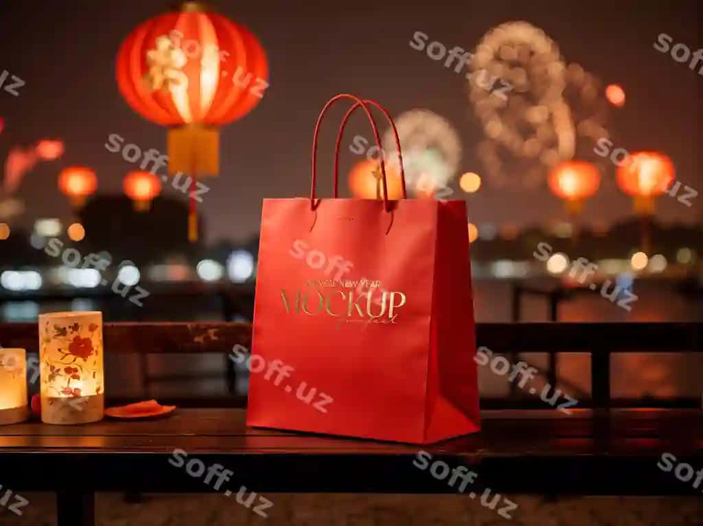Hasharot qog'oz torba namunasi PSD Hilol Yangi yili premium xarid torba | Luxury paper bag mockup psd lunar new year premium shopping bag