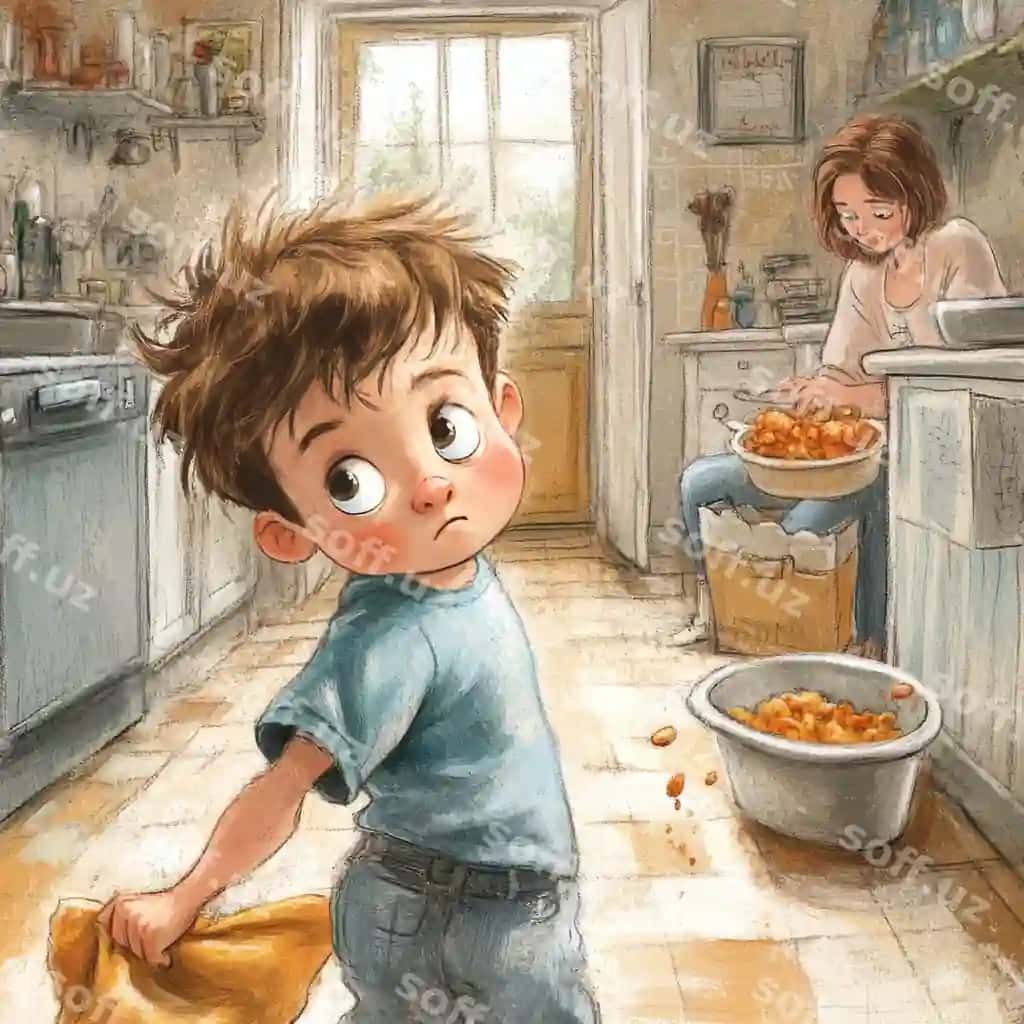 O'g'il oshxona ovqat pishirayotgan onasiga qarab turibdi | Boy kitchen is looking his mother who is cooking