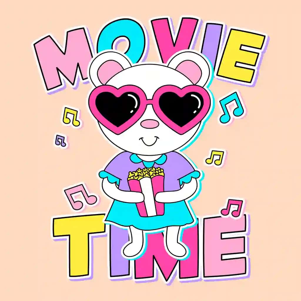 Kino vaqti oq moda ayiq bilan rangli matn | Movie time colorful text with white fashion bear