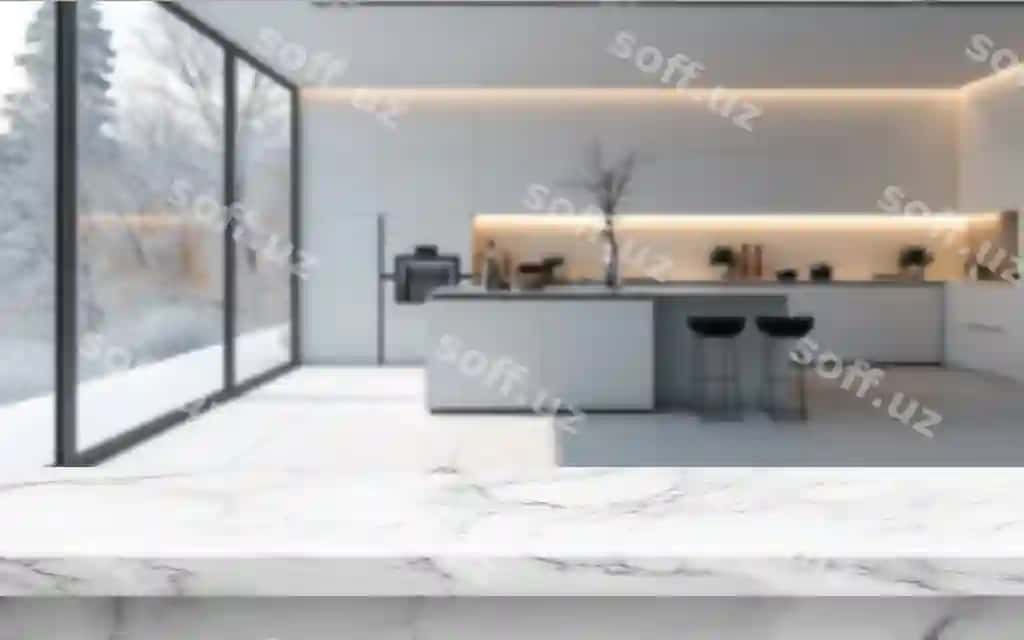 Bulanishi oshpazlik foni marble stol mahsulot joylashuvi bilan | Blurred kitchen background with marble table product place
