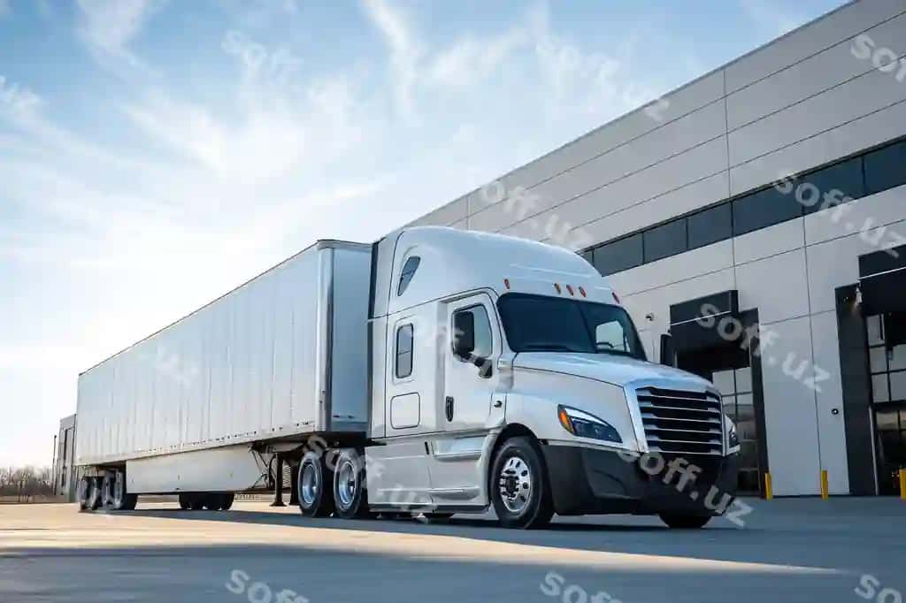 Oq Freightliner Cascadia yuk avtomobili tarqatish markazida to'xtatilgan yetkazib berish jo'natmasi | White freightliner cascadia semitruck parked distribution center delivery shipment