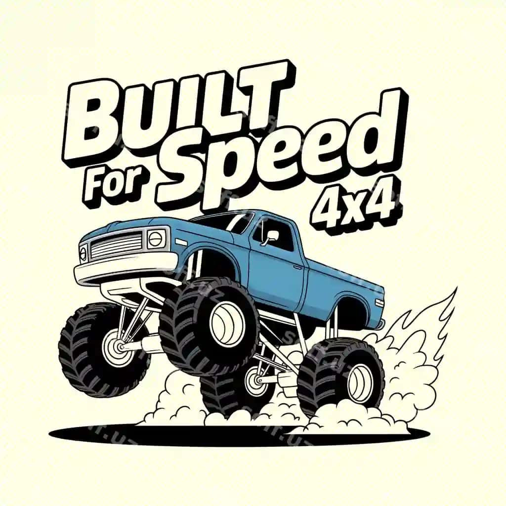 Tezlik matni tushirilgan ko'k rangli yirtqich hayvon yuk mashinasi illyustratsiyasi | Blue monster truck illustration with built speed text