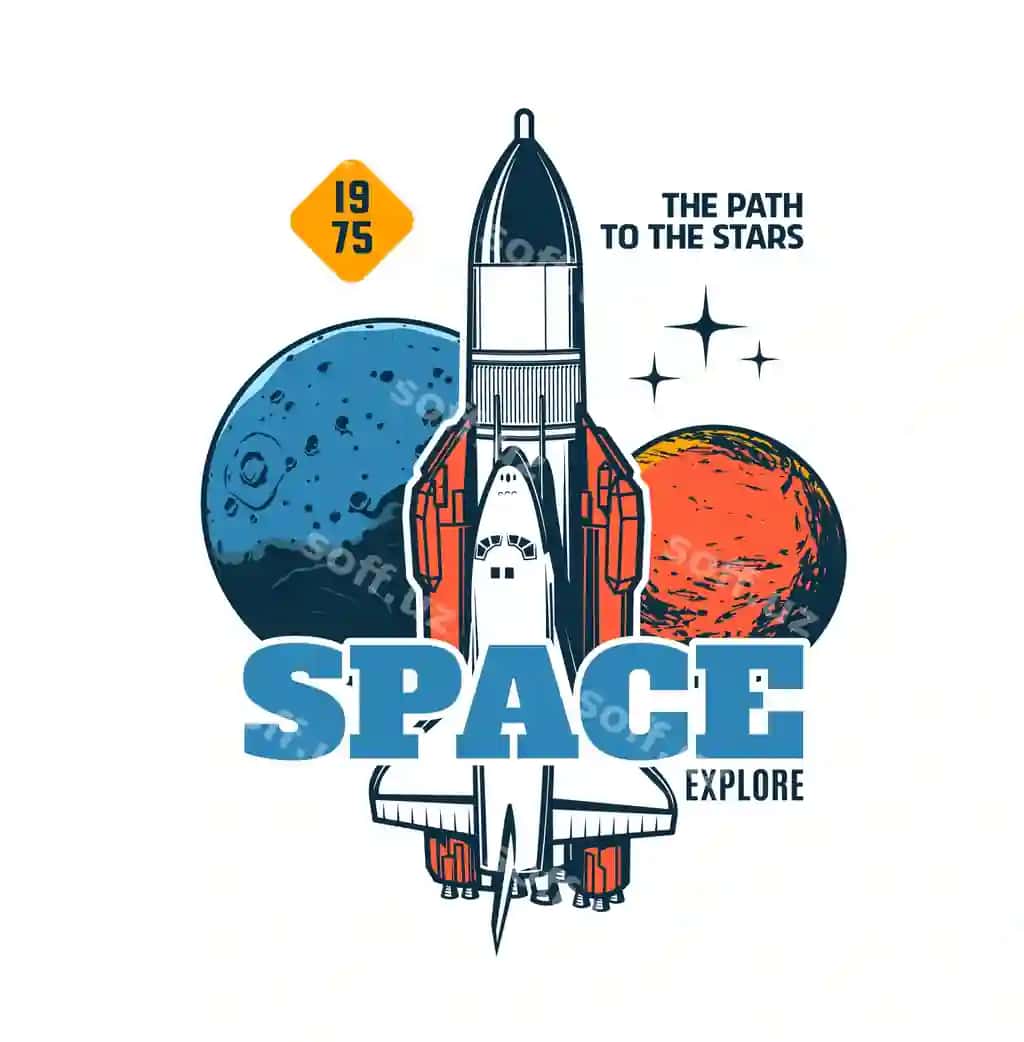 Kosmosni o'rganish vektor belgisi bilan kosmik kema raketa sayyoralari | Space explore vector icon with spaceship rocket planets shuttle