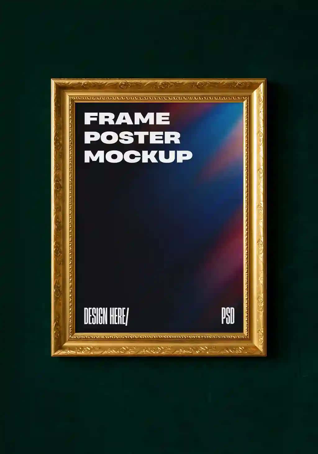 To'q yashil devorga o'rnatilgan oltin ramkali plakat maket | Golden frame poster mockup dark green wall