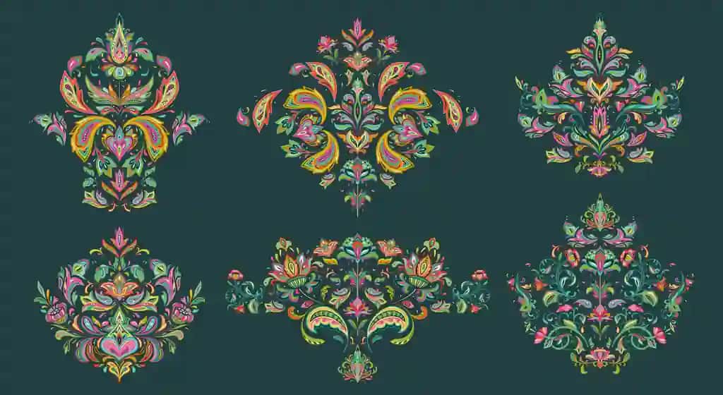 Paisley naqshli oltita vektorli sharqona naqshlarni o'rnating | Set six vector oriental motifs with paisley ornament