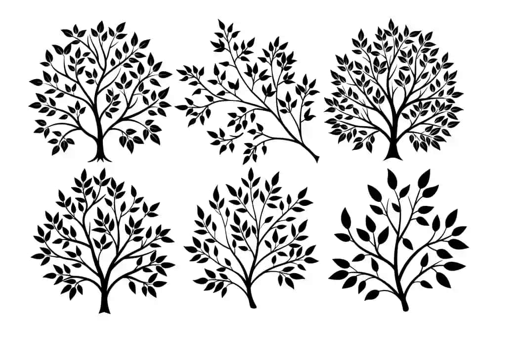 6 ta qora, oq daraxt shoxlari vektorli rasmlar to'plami naturethemed | Set 6 black white tree branch vector illustrations naturethemed