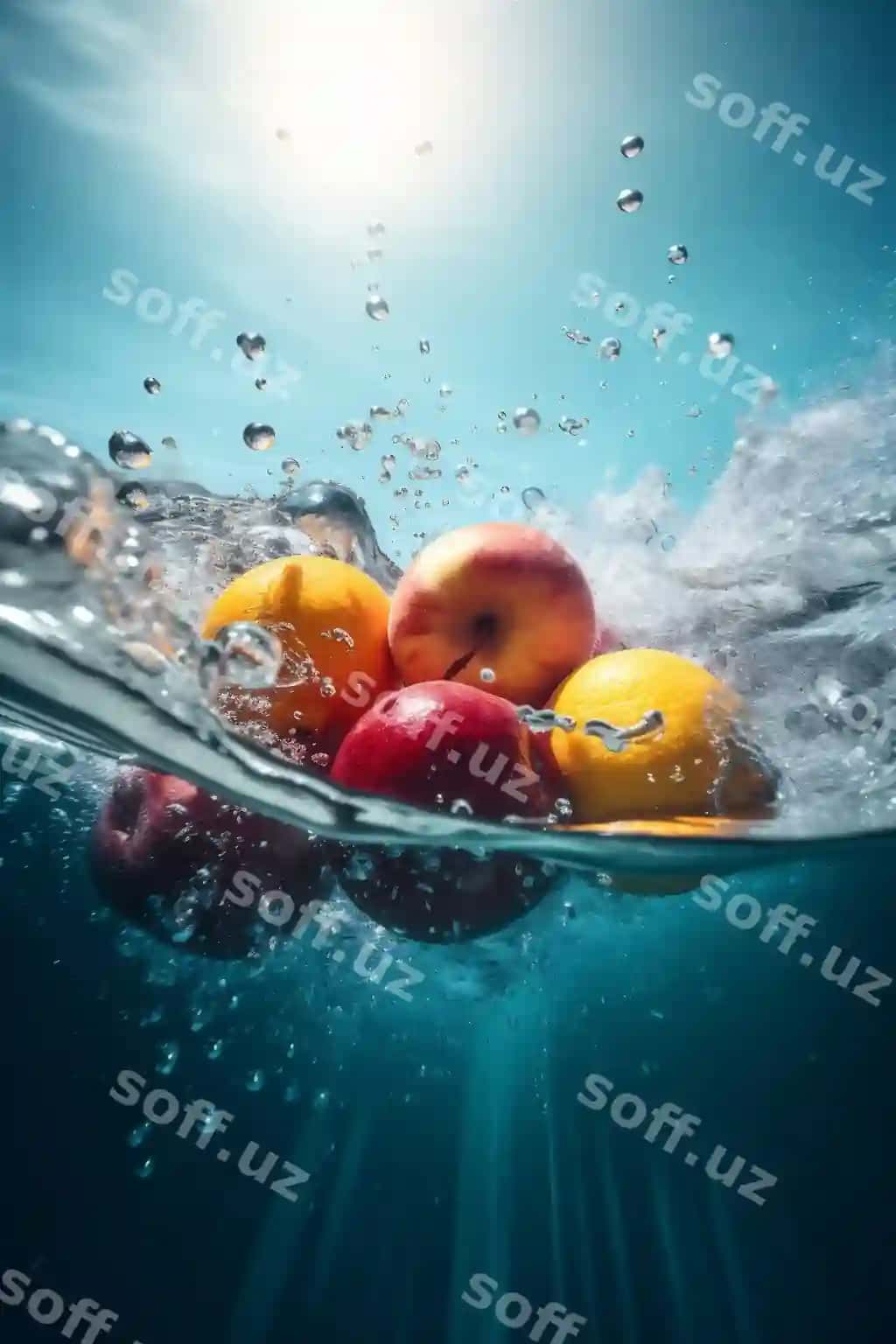 Uzum shirin meva vitamin sog'likcha yashil suv foni yangi damak kivi ovqat generativ sun'iy intellekt | Strawberry fruit vitamin healthy green water background fresh drop kiwi food generative ai