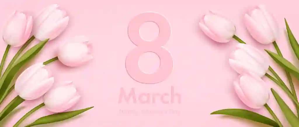 Vektorli banner Xalqaro xotin-qizlar kuni haqiqiy lolalar bilan | Vector banner international womens day with realistic tulips