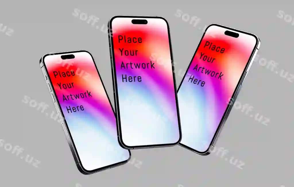 Uchta telefon turli ko'rinishdagi namuna dizayni | Three phones with different view mockup design