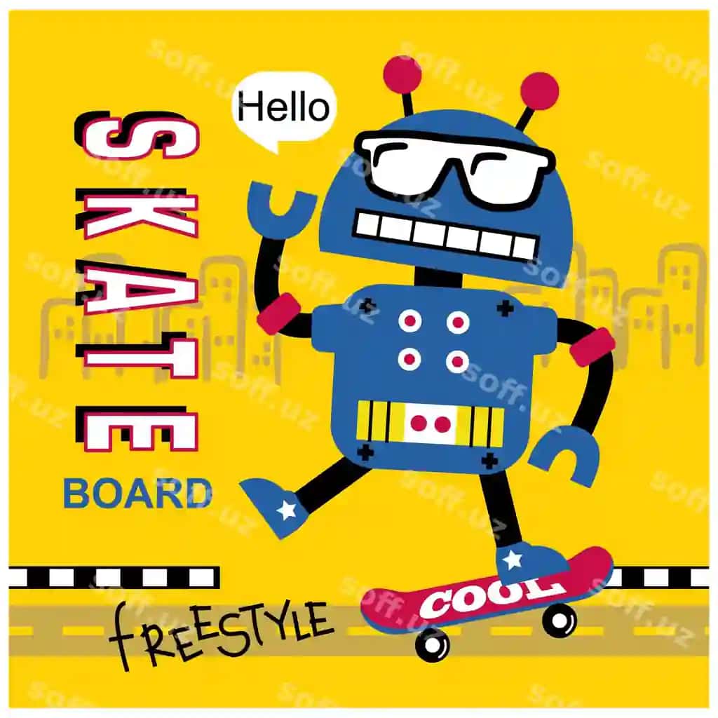 Robot skateboard bilan gulchan multfilm vektor illustratsiyasi | Robot playing skateboard funny cartoon vector illustration