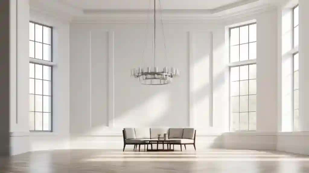 Minimalist qandilli oq fonga ega zamonaviy yopiq xona | Modern indoor room with minimalist chandelier white background