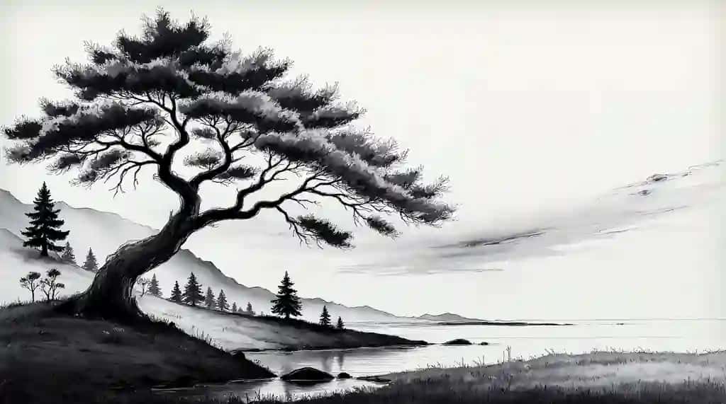 Qarag'ay daraxti bilan tinch monoxrom manzara | Serene monochrome landscape with pine tree